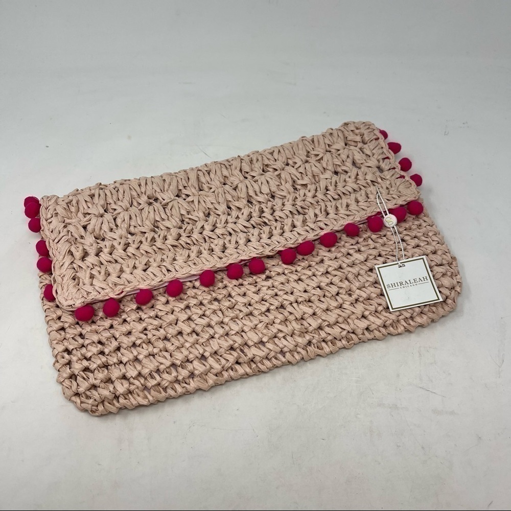 SHIRALEAH Women’s LINDA Clutch Purse Blush Pink Woven Jute Pom Poms